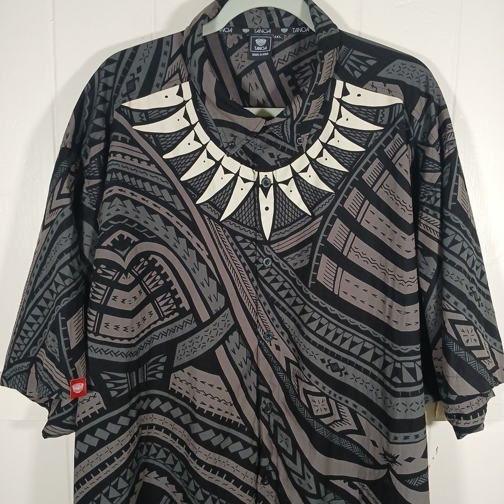 Tanoa Samoa Hawaiian Button Up Shirt Men's 5XL Black Tribal Print Short Sleeve